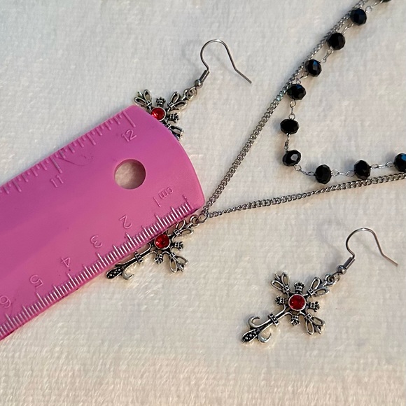 Gothic Dark Silver Cross Vampire Necklace Chain Earrings Jewelry Halloween Beads - Picture 4 of 8